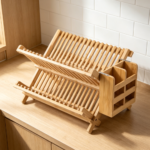 2-Tier Collapsible Bamboo Dish Drying Rack with Utensil Holder